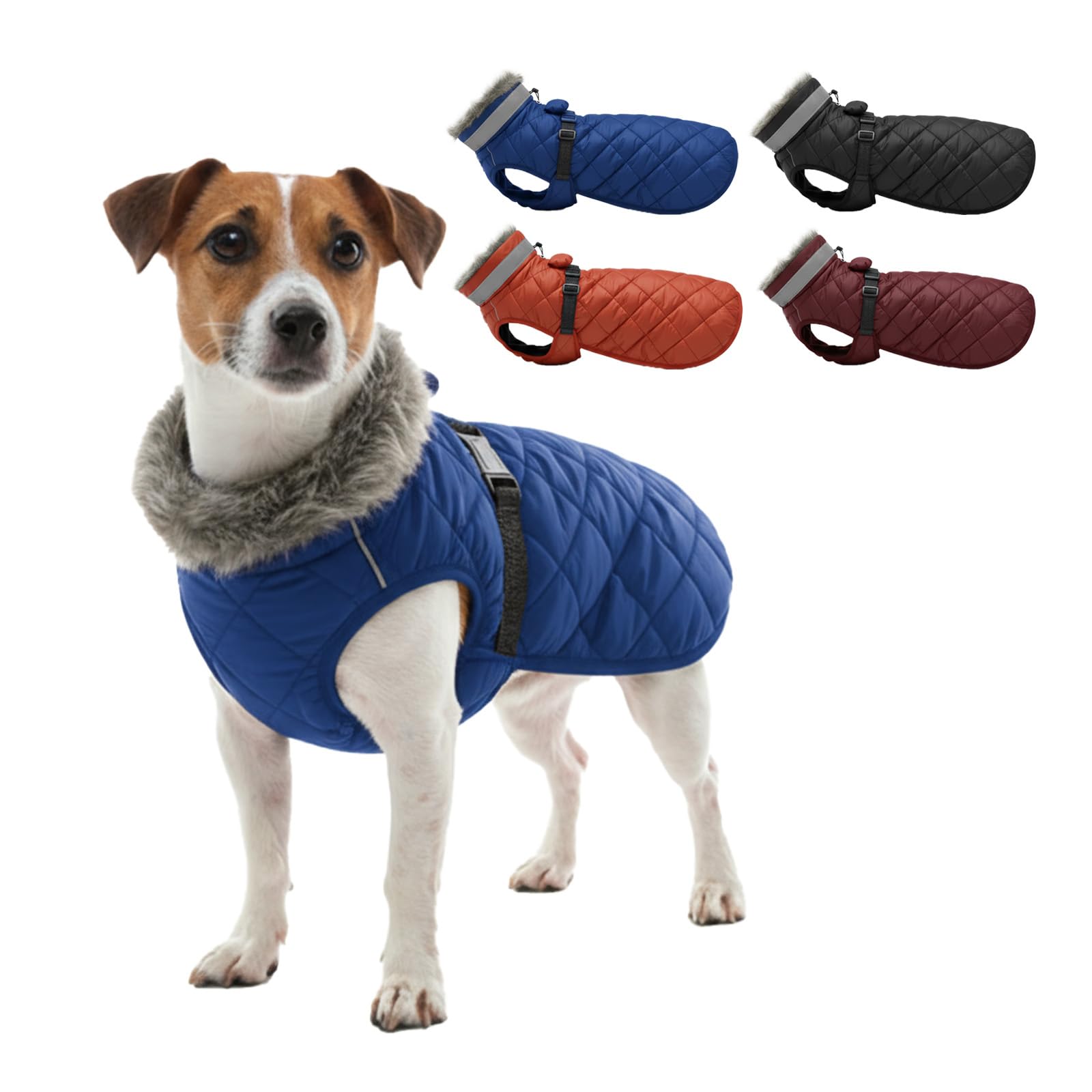Chaqueta de invierno para perros medianos y pequeños, abrigo impermeable con cuello de piel, ropa de perro con forro polar reflectante con correa elástica, trajes para mascotas para clima frío