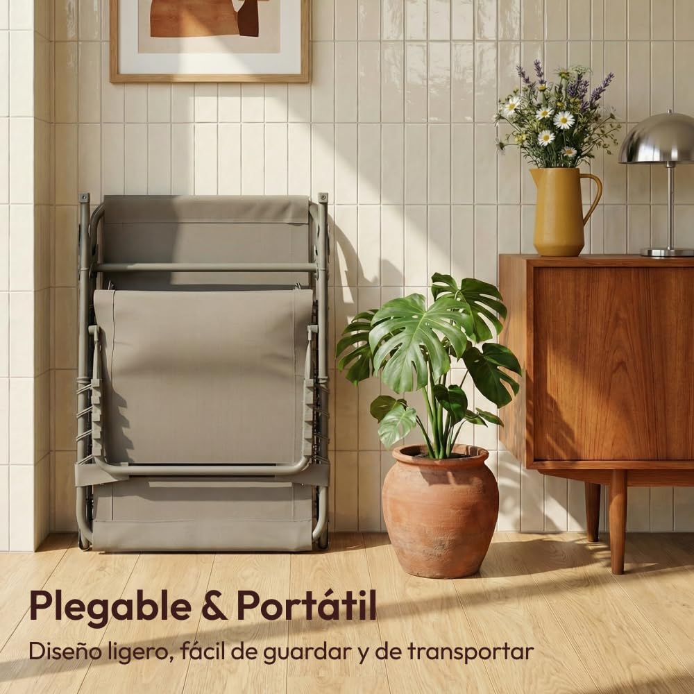 CASABEL Tumbona Plegable con Cojín, Tumbona Jardín Resistente y Cómoda con Tejido Textilene, Estructura de Acero para Jardín, Terraza, Camping o Piscina, Color Topo