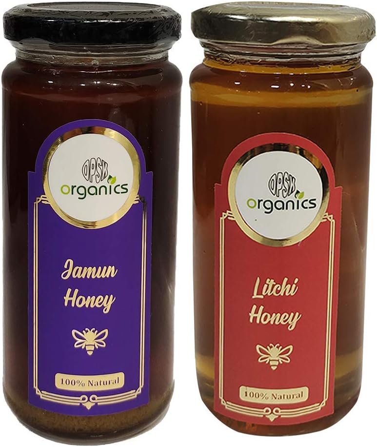 OPSK Organics 100% Natural Honey combo, Glass Bottle (Jamun-Litchi, 325g+325g)