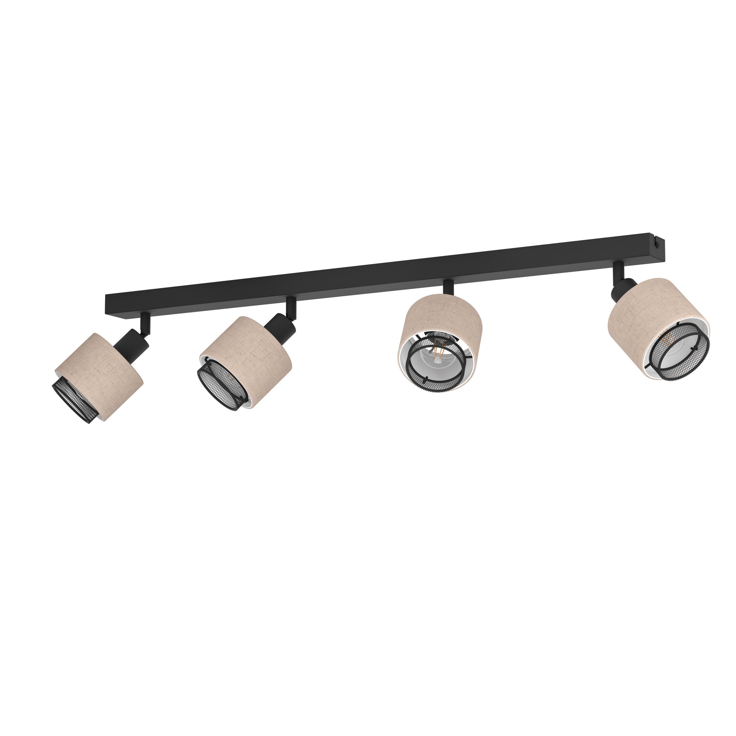 Eglo Ceiling Light Fitting Rosley, 4 Spots Ceiling lamp, Spotlight bar Made of Textile in Natural and Black Metal, Ceiling Light Fixture with E14 Socket