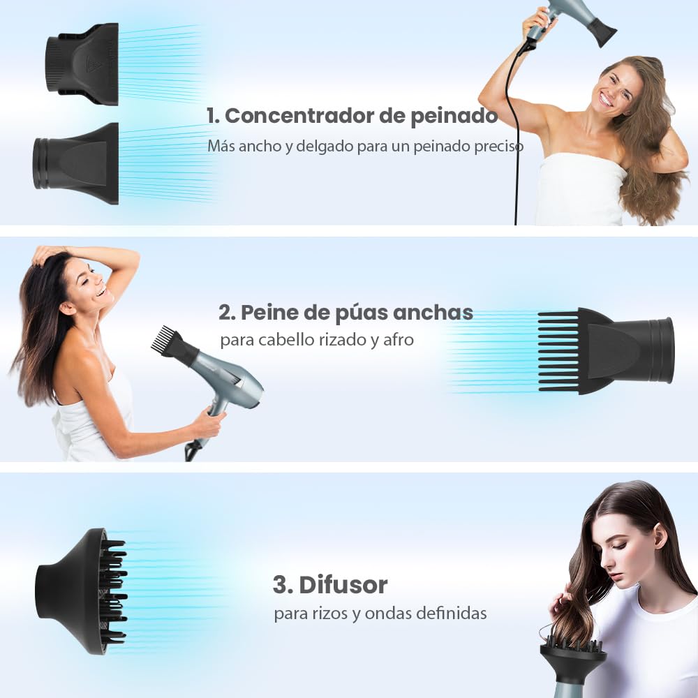 Secador de pelo profesional iones, Hair Dryer iónico con 1 difusor, 2 boquillas de peinado, 3 temperaturas, aire frío y caliente, secado rápido para todo tipo de cabello (Azul Claro)