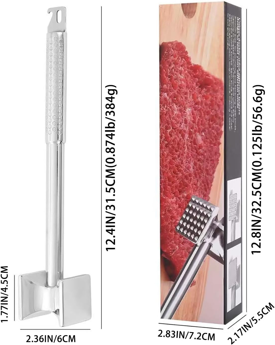 304 Stainless Steel Meat Tenderizer Mallet, Heavy Duty Dual-Sided Meat Hammer with Ergonomic Non-Slip Handle, Dishwasher Safe Kitchen Tool for Tenderizing Steak, Beef, Chicken & Pork
