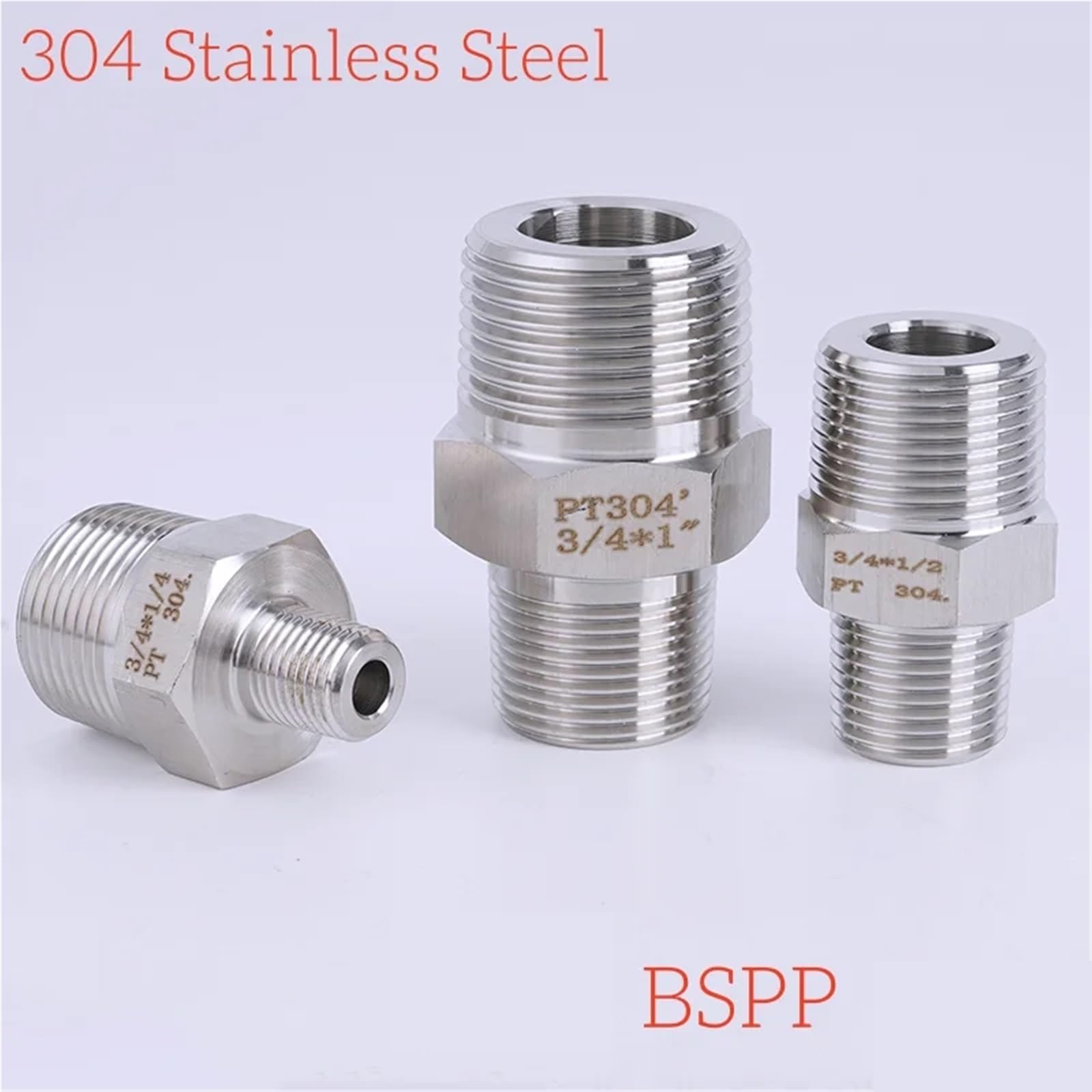 Conector recto de alta presión for tubería de acero inoxidable 304 con rosca macho BSPP de 1/8", 1/4", 3/8", 1/2", 3/4" y 1".(BSPP Thread 1 to 1I4)