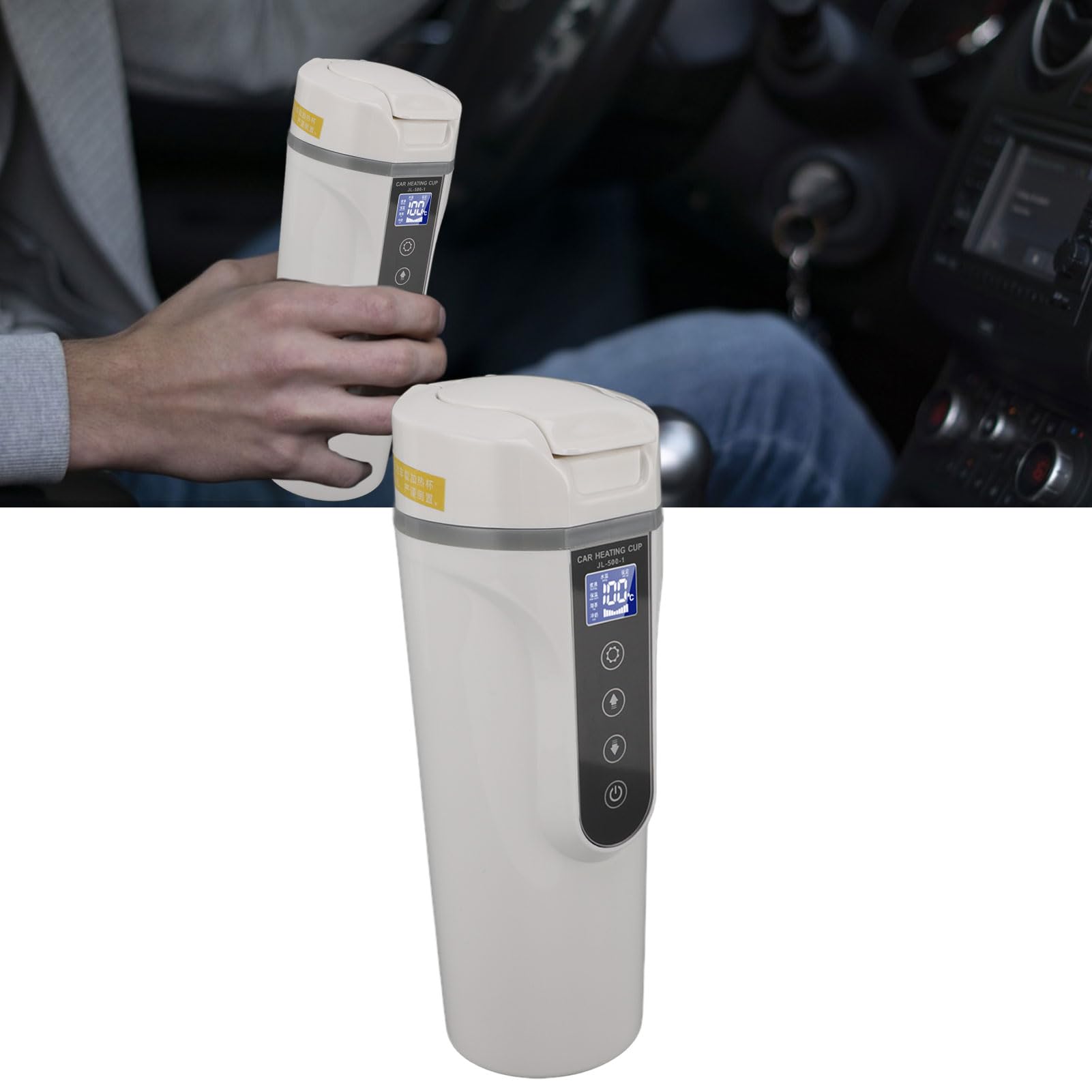 Taza Calefactora Eléctrica Portátil para Coche, Hervidor Inteligente de 500ml con Pantalla Inteligente de Temperatura para Viajes Familiares, Diseño Duradero de Acero Inoxidable (WHITE)