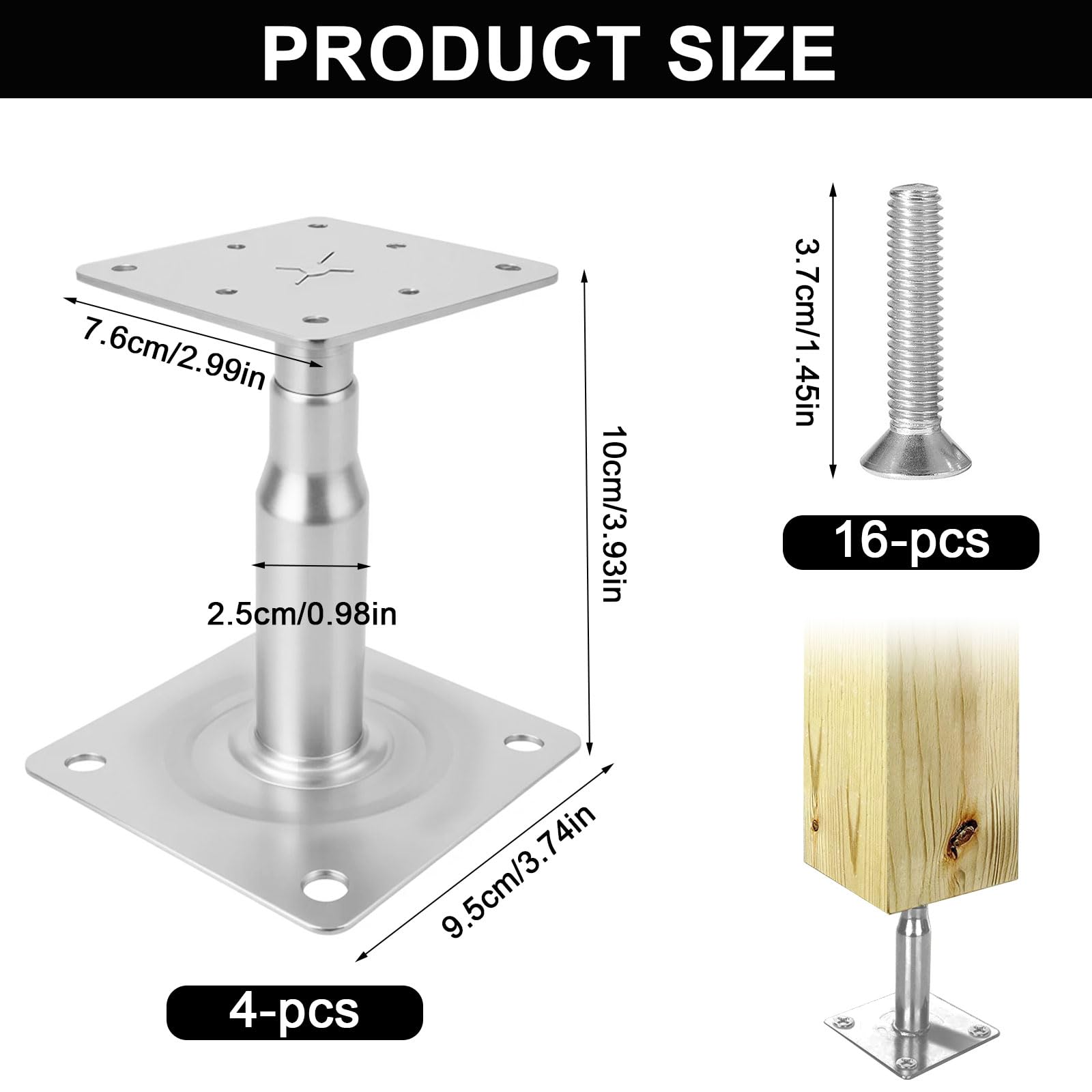 Lot de 4 supports de poteau réglables en hauteur de 100 à 130 mm - Support de poteau réglable pour clôtures, abris, pergolas, travaux de construction