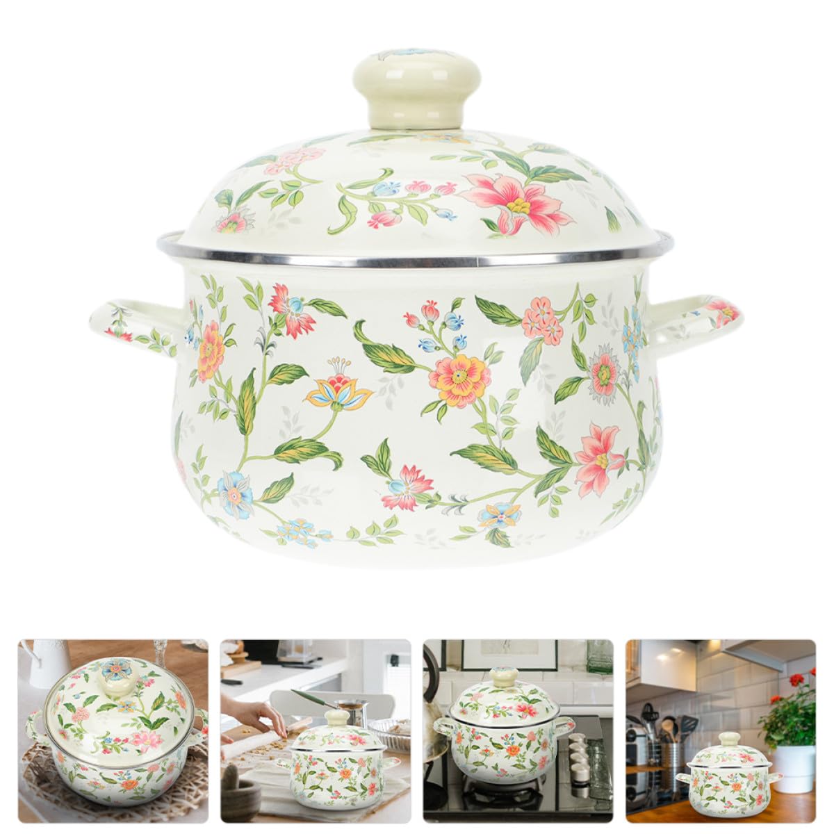 Pentola Smaltata Doppio Manico da 22 Cm, Pentolino per Latte e Zuppe Coperchio, Utensile da Cucina per Fornelli a Gas e Piani Cottura, per Salse e Alimenti