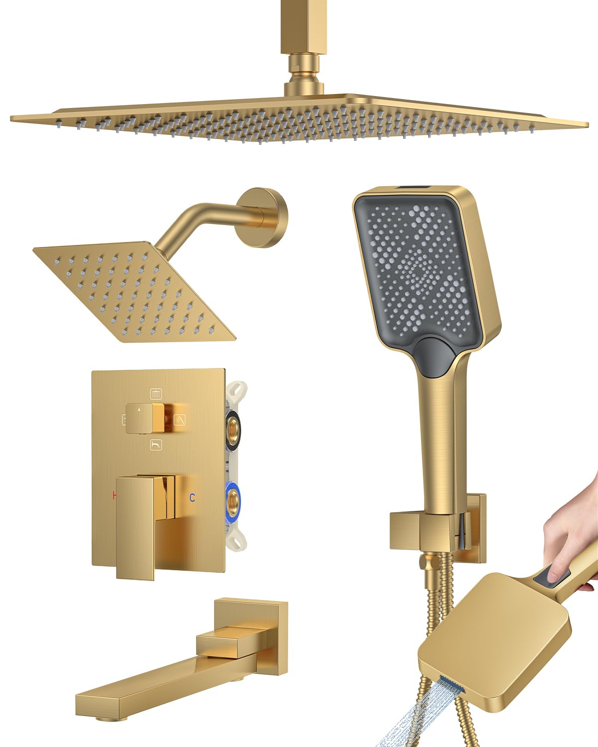 Woindo 4 Function Shower Faucet Set 12" Rain Shower Head/6'' Side Shower Head and 3 Setting Handheld Ceiling Mount Push Button Diverter Complete Rainfall Round Shower System Included Valve Trim Kit