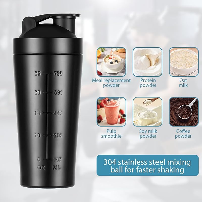 AOGOE Rozsdamentes Acél Protein Shaker 900ml - Sportos Fitnesz Palack Mérlegekkel, Szivárgásmentes BPA Mentes