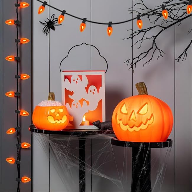 Orange Halloween Lights, 25Ft C7 Outdoor Flickering Flame String Lights With 25 Bulbs, Plug-in Decorations for Indoor/Outdoor Party, Home, Patio, Garden