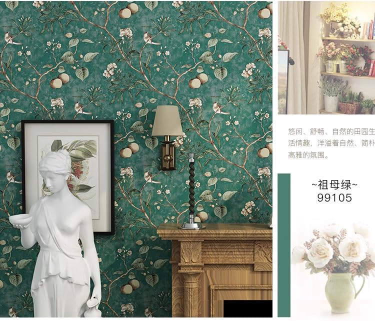 MEAIHOME Retro American Country Pastoral Non-Woven Wallpaper AB Version of Fruit Tree Flower and Bird Pattern Bedroom Living Room TV Background Wall Shop Decoration 1.73'W x 32.8'L Non-Pasted (Green) - Image 3