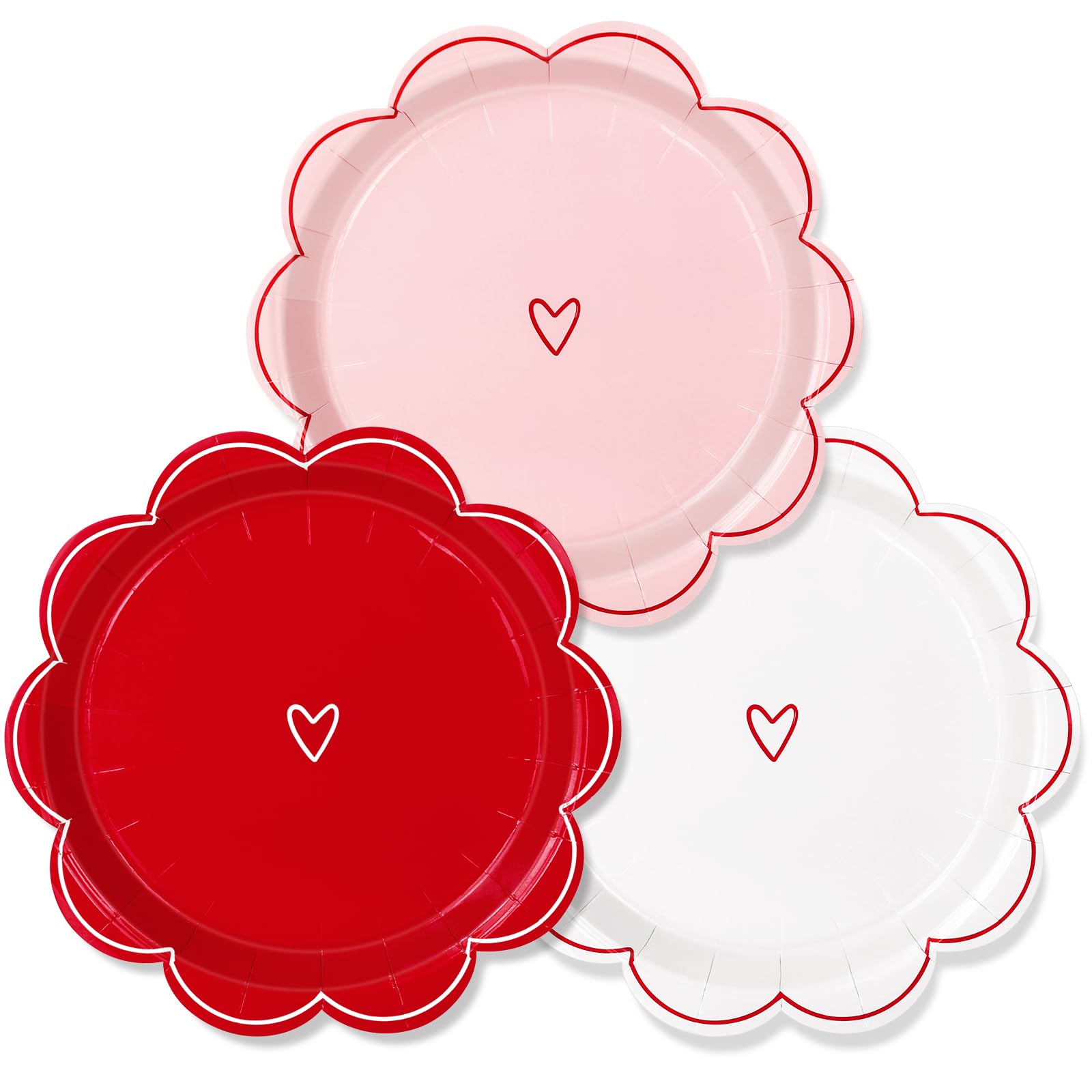 JarThenaAMCS Valentine's Day Paper Plate Scalloped Heart Disposable Plate Red Pink White 9 Inch Tableware Dinner Plate For Home Party Decor, 48Pcs
