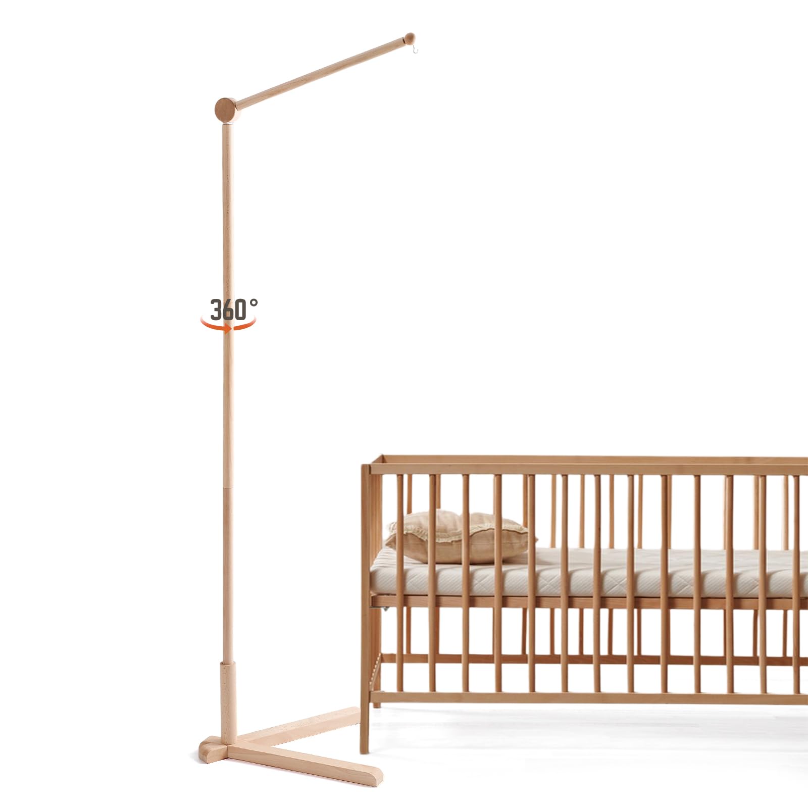 Floor-Standing Wooden Crib Mobile Arm 61 Inch | 360°Adjustable Movable Baby Mobile Hanger | Anti-Dumping Multifunction Mobile Arm for Crib |