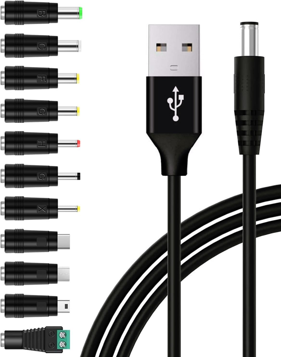 Universal USB to DC 5V Power Cord 5.5x2.1mm Plug Charging Cable with 11 Connectors Adapters(6.3x3.0, 5.5x2.5, 4.8x1.7, 4.0x1.7, 3.5x1.35, 3.0x1.1, 2.5x0.7, Type-C, Micro USB, Mini USB, LED Interface)