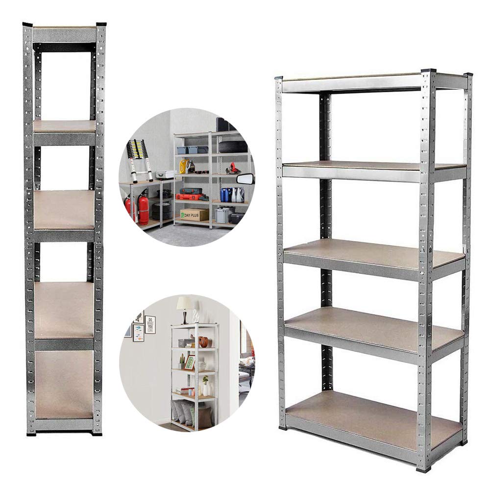 Scaffalatura per garage a 5 ripiani, resistente, 150 x 70 x 30 cm, in metallo, capacità 875 kg, montaggio senza bulloni, versatile, per officina, cucina, soggiorno, scaffali multiuso