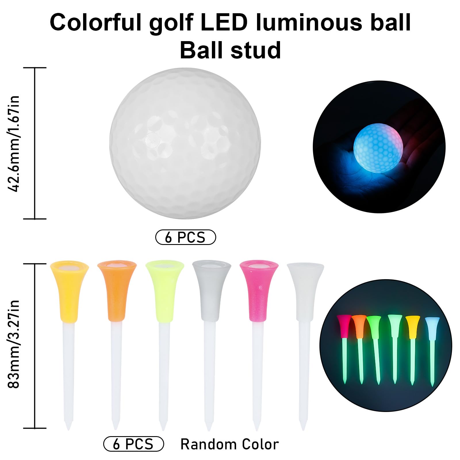 Palline da golf a LED, luminose, con 7 colori, 6 palline da golf di notte, con tè, luci a LED, per allenamento notturno e tiro a lungo raggio