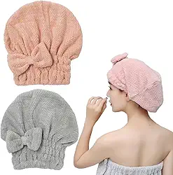 Toalha de cabelo de microfibra, touca de toalha de cabelo, toalha de turbante de cabelo absorvente, toalha de secagem de cabelo para secar cabelo curto cacheado ou liso rapidamente (rosa e