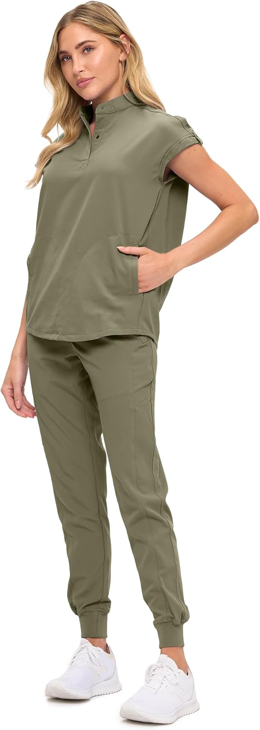 Womens Jogger Scrub Set with Oversized Scrub Top with Mandarin Collar. Supreme Comfort Scrub Set for Women - Image 2