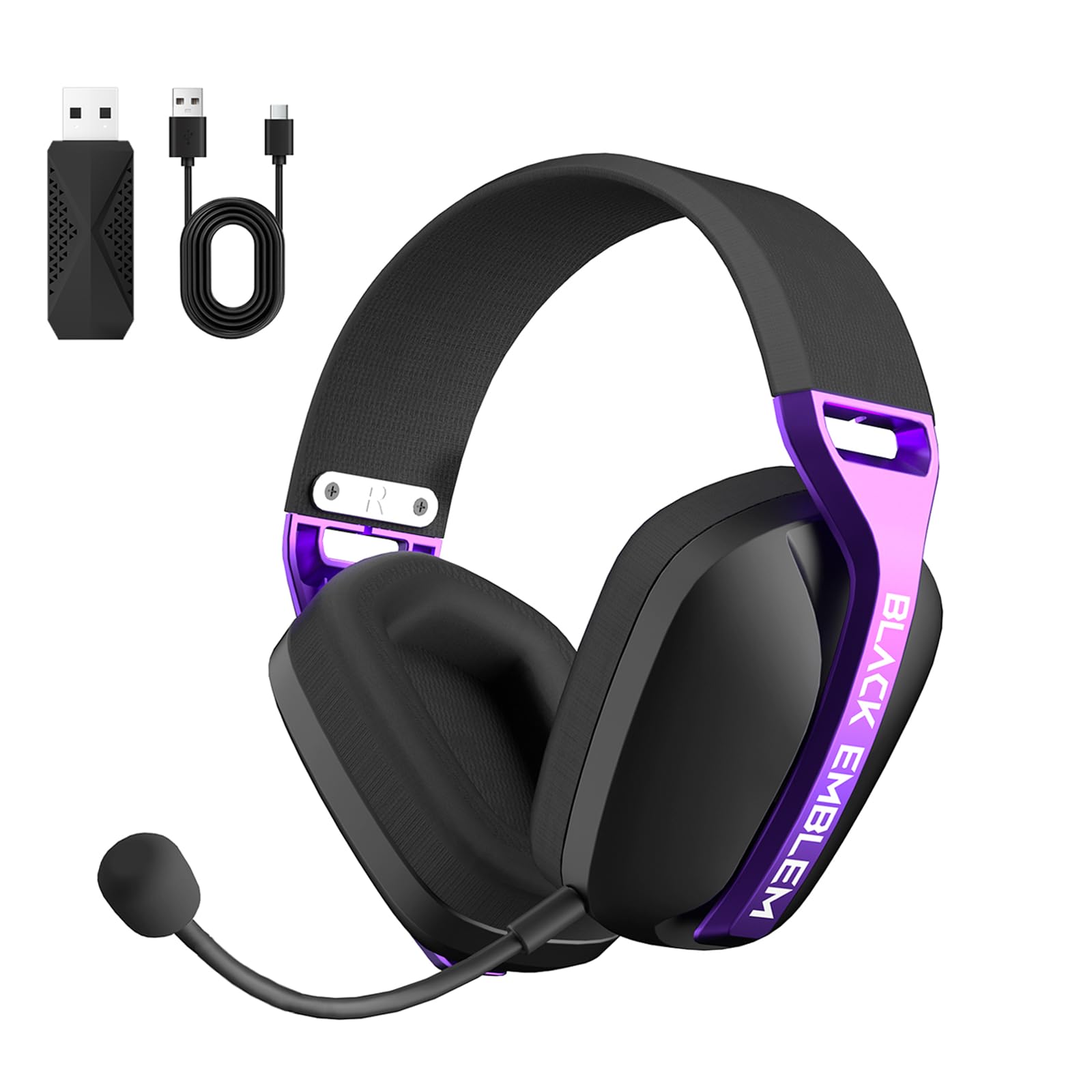 Black Emblem Cuffia Gaming Wireless con Mic rimovibile per PC, PS5, PS4, 2,4 GHZ cuffie da gioco con auricolari respirabili, Bluetooth 5.4, batteria 50H, cuffie da gioco leggere