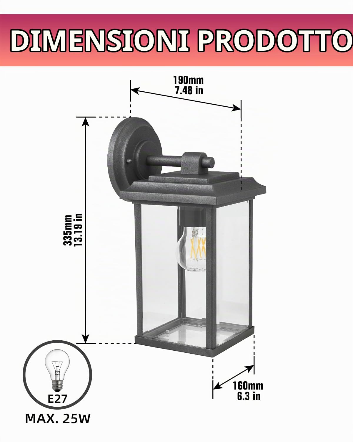 Applique da Parete per Esterni, Lampadina E27 Max 25W (Non Inclusa), IP65 ImpermeabileCorpo in Alluminio, Diffusore in Vetro, Lampada da Esterno a Parete con Paralume in Vetro Trasparente