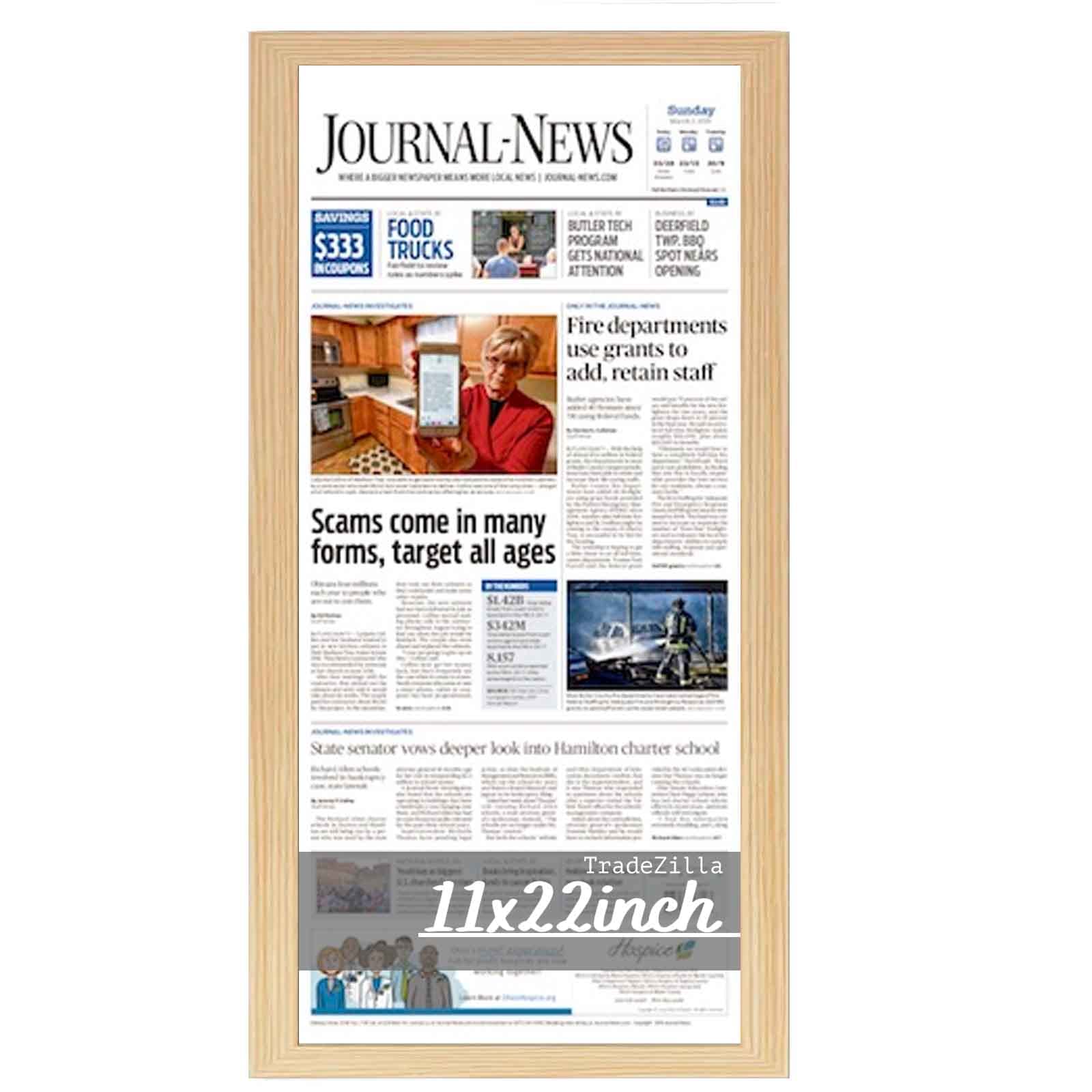 TradeZilla Large Poster Frames 11x22-inch Pine Newspaper Frame| MDF wood with Perspex Face to Hold 27.94 x 55.88 cm |Assorted Media/Research Article Includes Installed Wall Hangers (Pine)