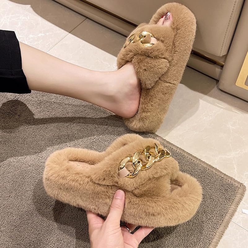 Cuban Link Chain Fuzzy Slippers Women Indoor and Outdoor Clean Girl Aesthetic Gold Chain Slippers Open Toe Soft Plush Stylish Slippers2