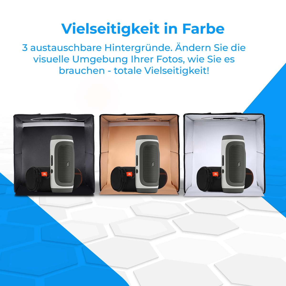 NK Mini Photobox Fotostudio Set (60x60cm) - Lichtzelt, 160 LEDs, 3 Lichttemperaturen, 10-Fach einstellbare Helligkeit, RA90, Kleine Produkte Schmuck, Tragegriff (3 Farbhintergründe)