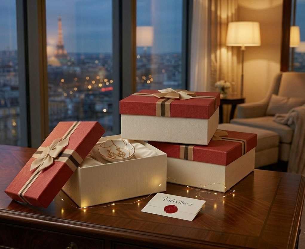 Emartbuy Set di 3 scatole regalo rigide con nastro, in carta color crema + panna/rosso – grandi, medie, piccole – scatole di cartone di lusso, confezione premium per cesti, compleanni, matrimoni