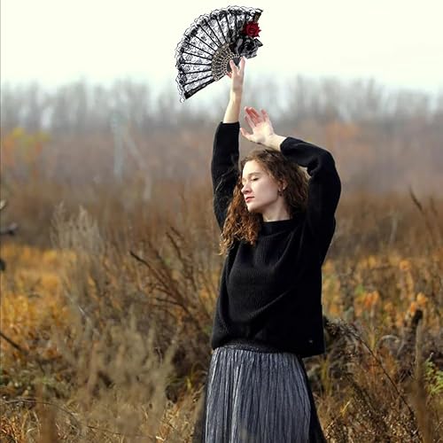 Miniatura 4 de Abanico de mano negro de Halloween de encaje rosa de mano, vintage retro flor española, gran abanico plegable para mujeres, regalo de baile de