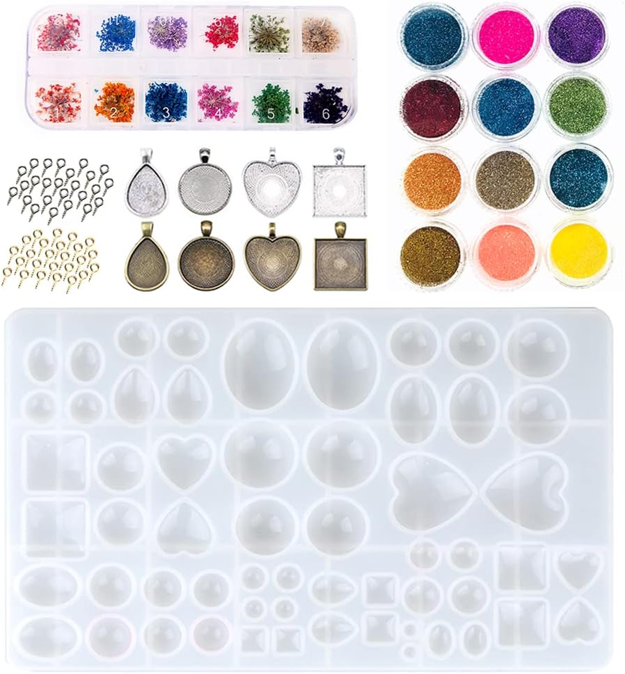 Sthabt - Resin Silicone Molds for Jewelry Pendant Bezels Casting Mold with Glitter and Flower Decoration DIY Artcraft Project Gift Making Tools Set for Beginners (61pcs)