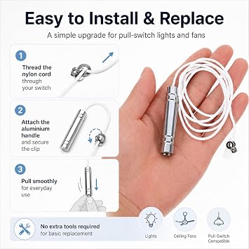 2 Pack Bathroom Light Pull Cord Switch Replacement, 1.5m Silver Aluminium Pull Cord with White Nylon Rope for Ceiling Light Switches, Bathroom Fan or Toilet Use
