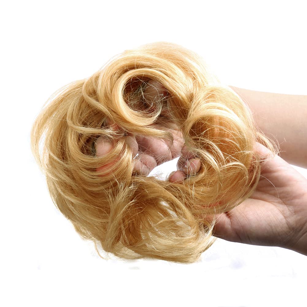 Bella Hair Human Hair Messy Bun Hair Pieces for Women, Instant Up-Do Curly Chignon Tray Ponytail Hairpiece Extension (#27 Strawberry Blonde/Light Butterscotch Blonde)