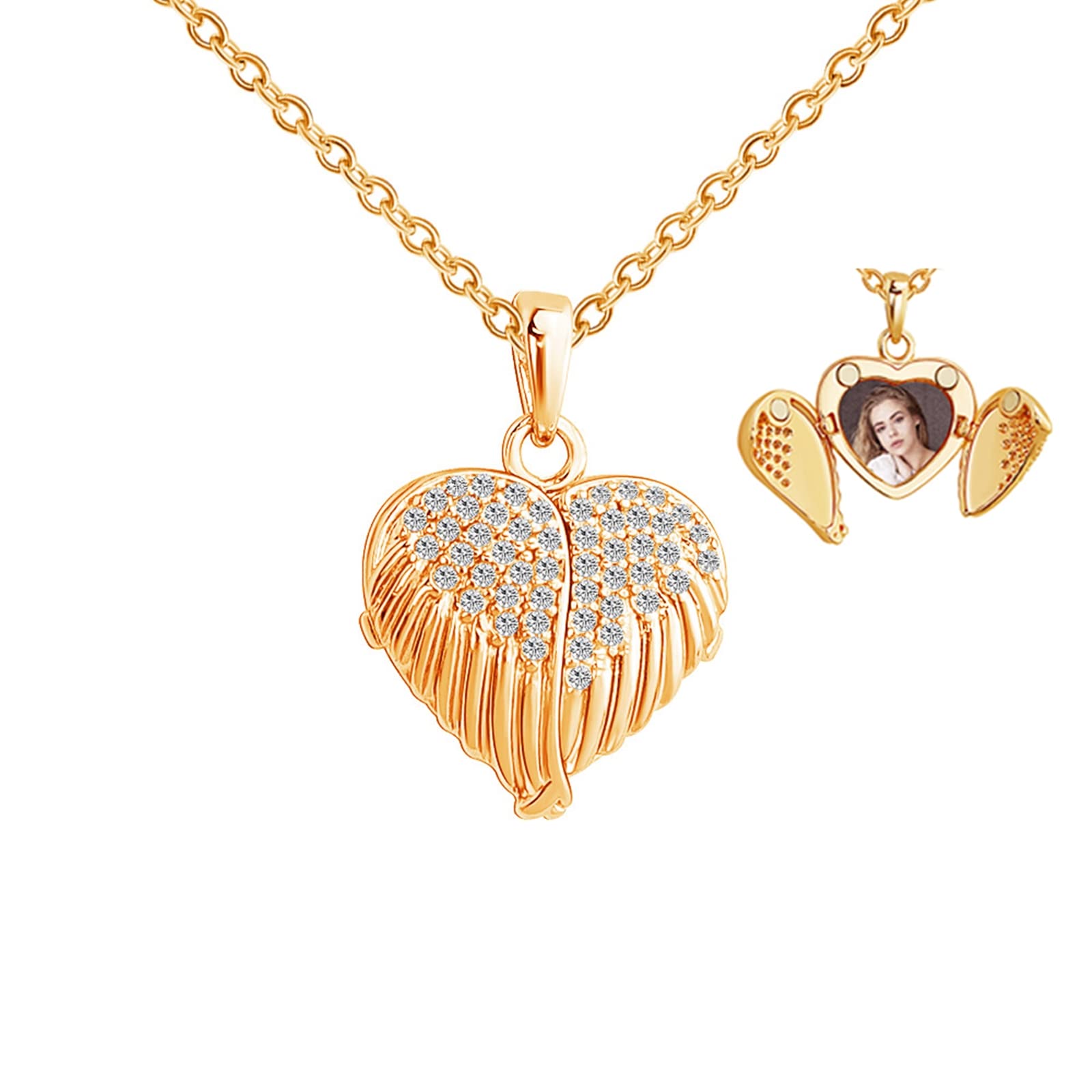 AMDXD Pendentif photo personnalisé en acier inoxydable argenté/doré/or rose - Médaillon en forme de cœur et d'ailes pour homme et femme avec boîte cadeau pour bien-aimé