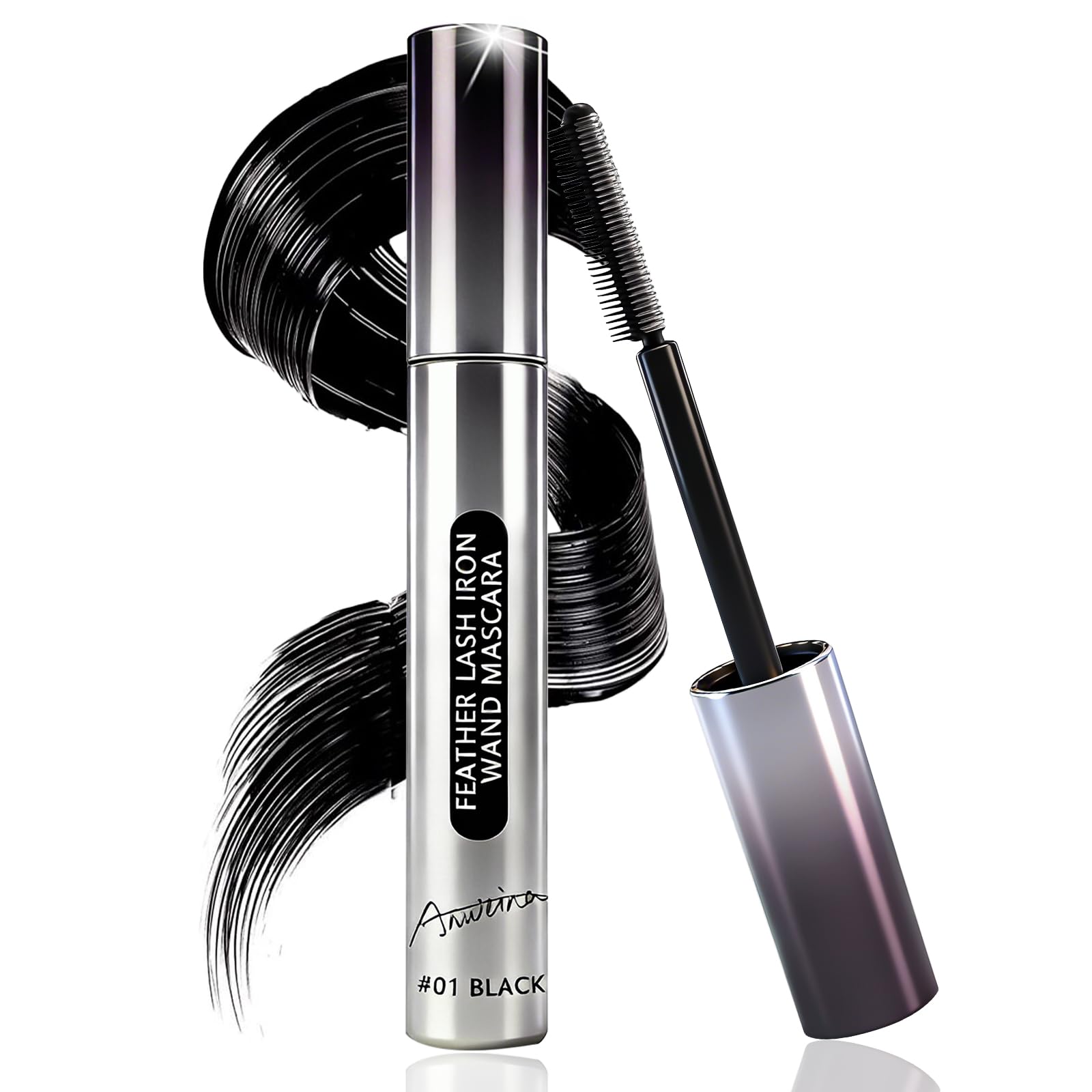 Feather Lash Iron Wand Mascara, Dual-Wing Brush Metal Mascara 2-in-1 Primer, Topcoat 3D Curling Natural Length & Volume Mascara No Clumps Long Lasting Smudge-Proof Balck
