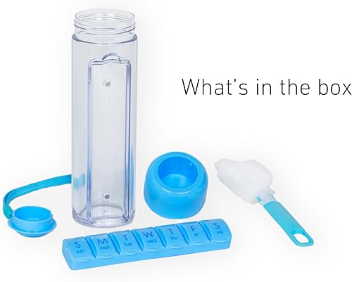 Miniatura 3 de Organizador de botellas de agua y píldoras, botella de agua de viaje de 13.5 fl oz con pastillero semanal de 7 días, planificador de medicamentos,