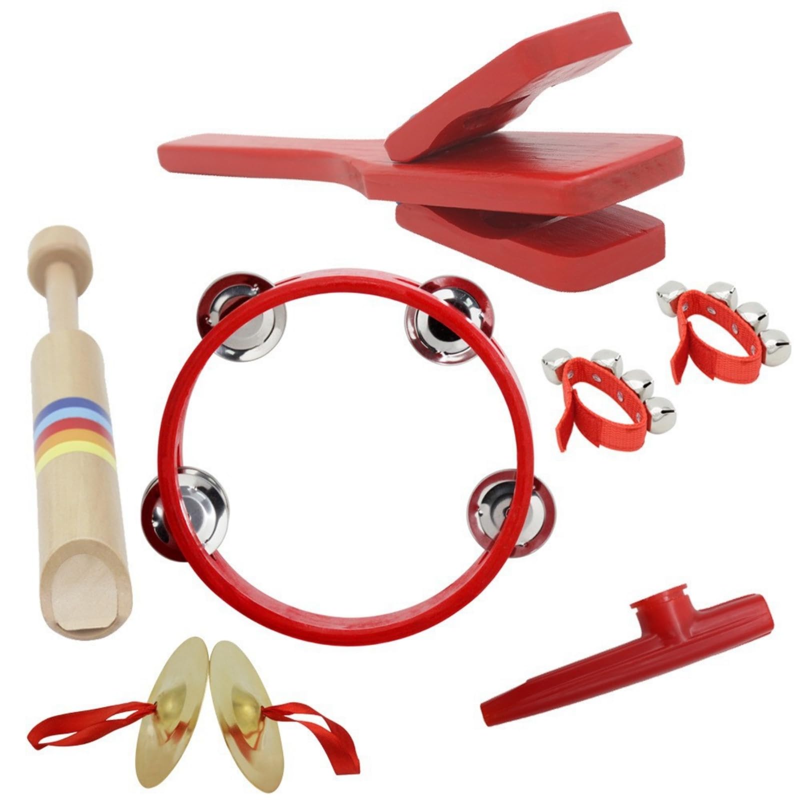 Set da 6 Percussioni Musicali per Infanzia con Tamburello a Mano Raganella in Legno Cimbali per E Sonagli da Polso per Stimolazione Sensoriale E