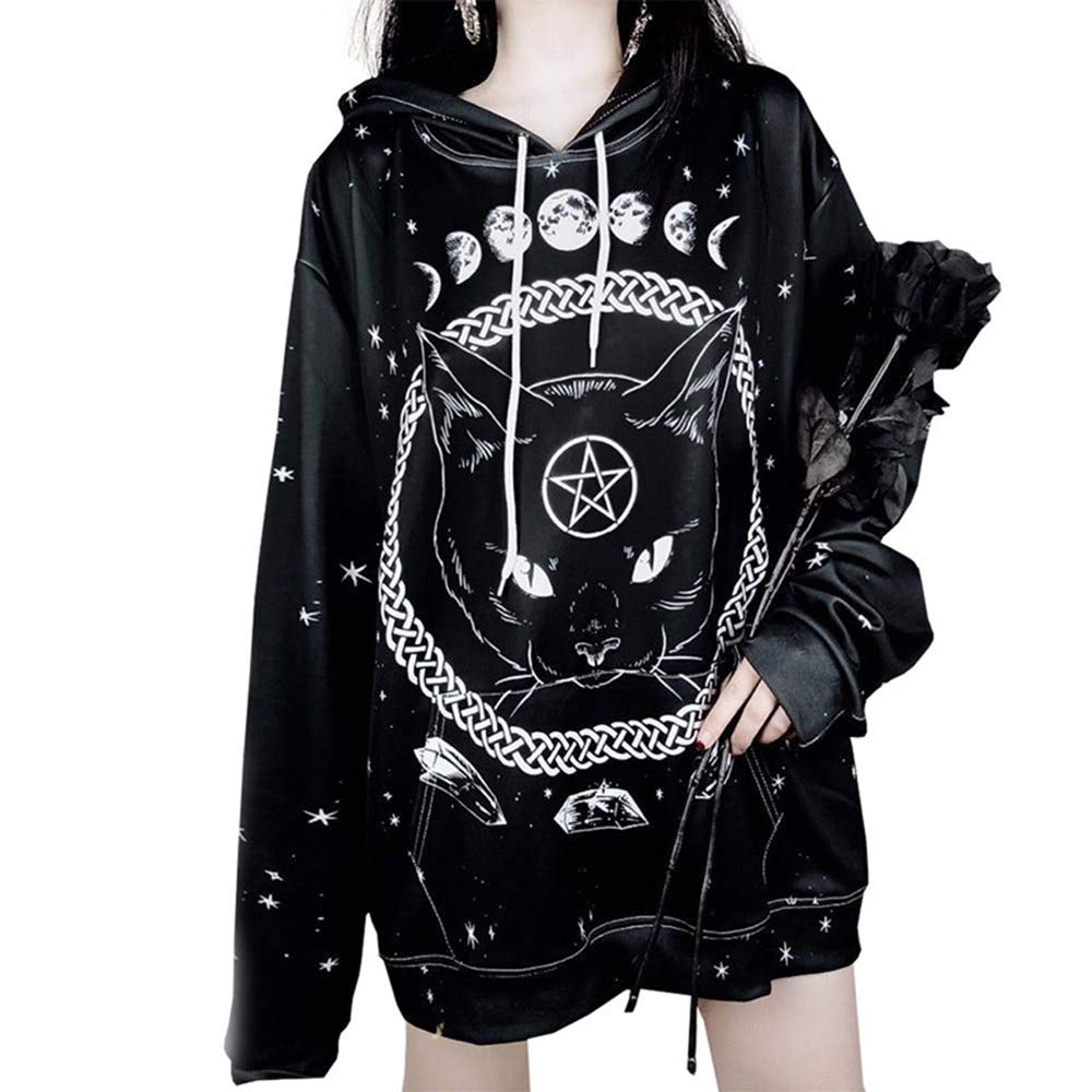 Keepmore Women's Black Gothic Cat Print Hoodies Fashion Loose Long Sleeve Pullover Hooded Dark Tops