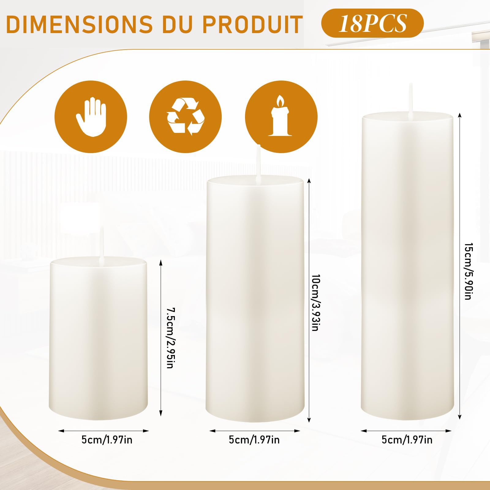 Lot de 18 Bougies Piliers Ivoire en 3 Tailles, Bougie Pilier Blanche Non Parfumée pour Mariage, Église et Décoration de Table, Bougies Cylindriques Anti-Goutte Longue Durée