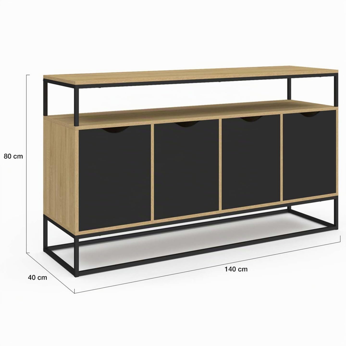 IDMarket Boston - Aparador de 140 cm, 4 puertas negras, diseño industrial