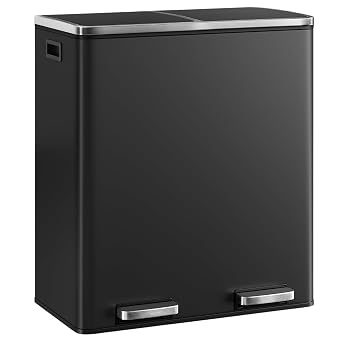 EVRE 60 L Kitchen Waste Rubbish Recycling Soft Close Bin 2 x 30 Litre Double Compartment Separation with Removable Plastic Buckets, Odour Seal, Smudge & Fingerprint Resistant Black