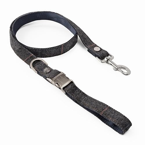 HUGO & HUDSON x Hackett Correa para Perros de Tweed con asa Acolchada Suave, diseño de Espiga a Cuadros Grises