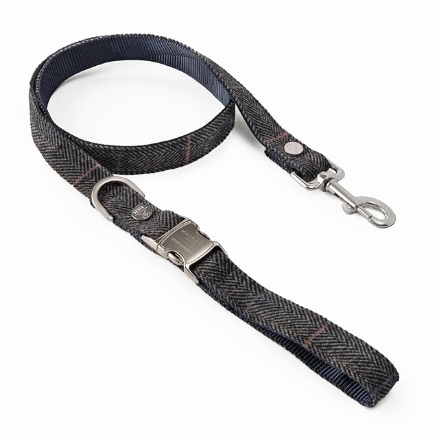 HUGO & HUDSON x Hackett Correa para Perros de Tweed con asa Acolchada Suave, diseño de Espiga a Cuadros Grises