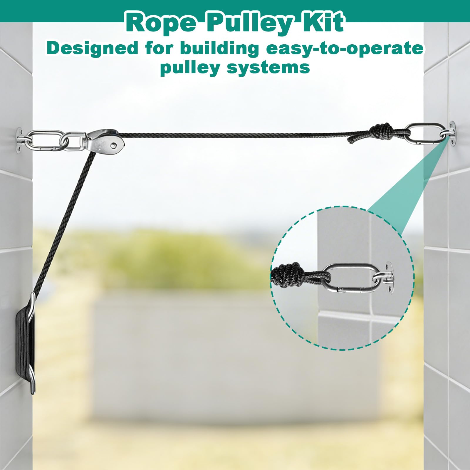 Set di Carrucola per Sollevamento Acciaio Inox M20 con Puleggia a Rotazione 360°, Fune 20 Metri, Gancio e Fissaggi per Barche, Tende Sole, Porte Garage, Stendibiancheria