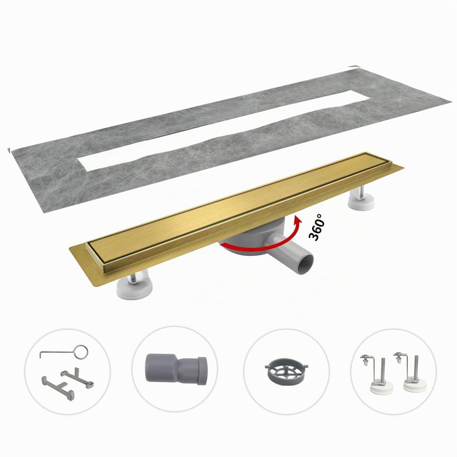 Canaleta de Ducha 70 Cm, Dorado, 2 en 1, Sifón 360° | para baldosas, extraplana, de acero inoxidable, Canal Ducha de Acero Inoxidable con Sifón y Filtros