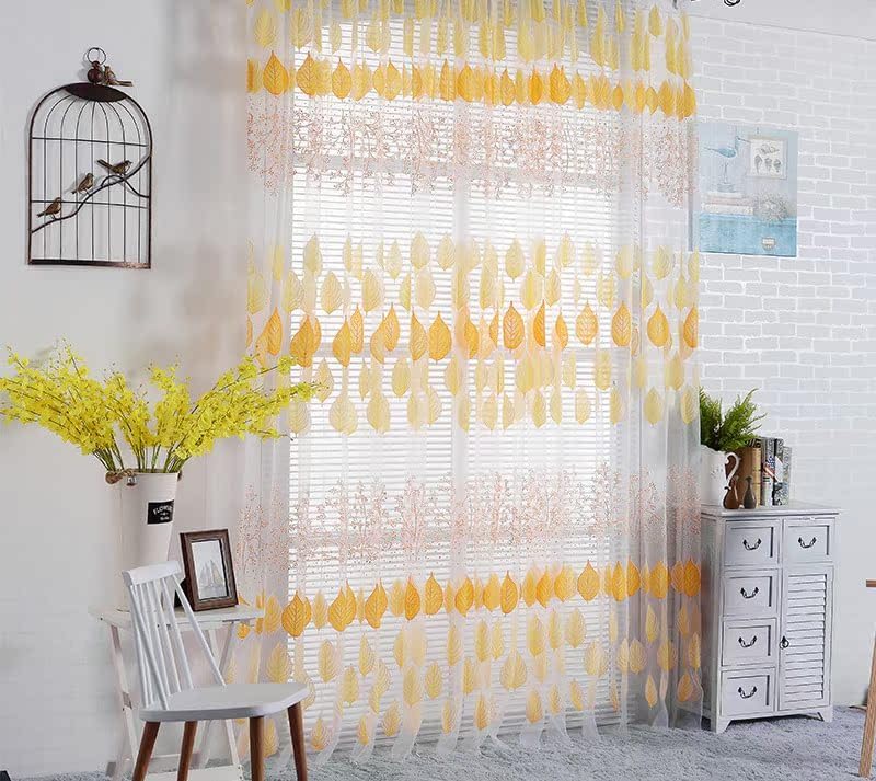 HooHero Yellow Living Room Bedroom Sheer Curtains Window Treatments Rod Pocket Top for Kids Nursery Room Leaf Tree Print Countryside