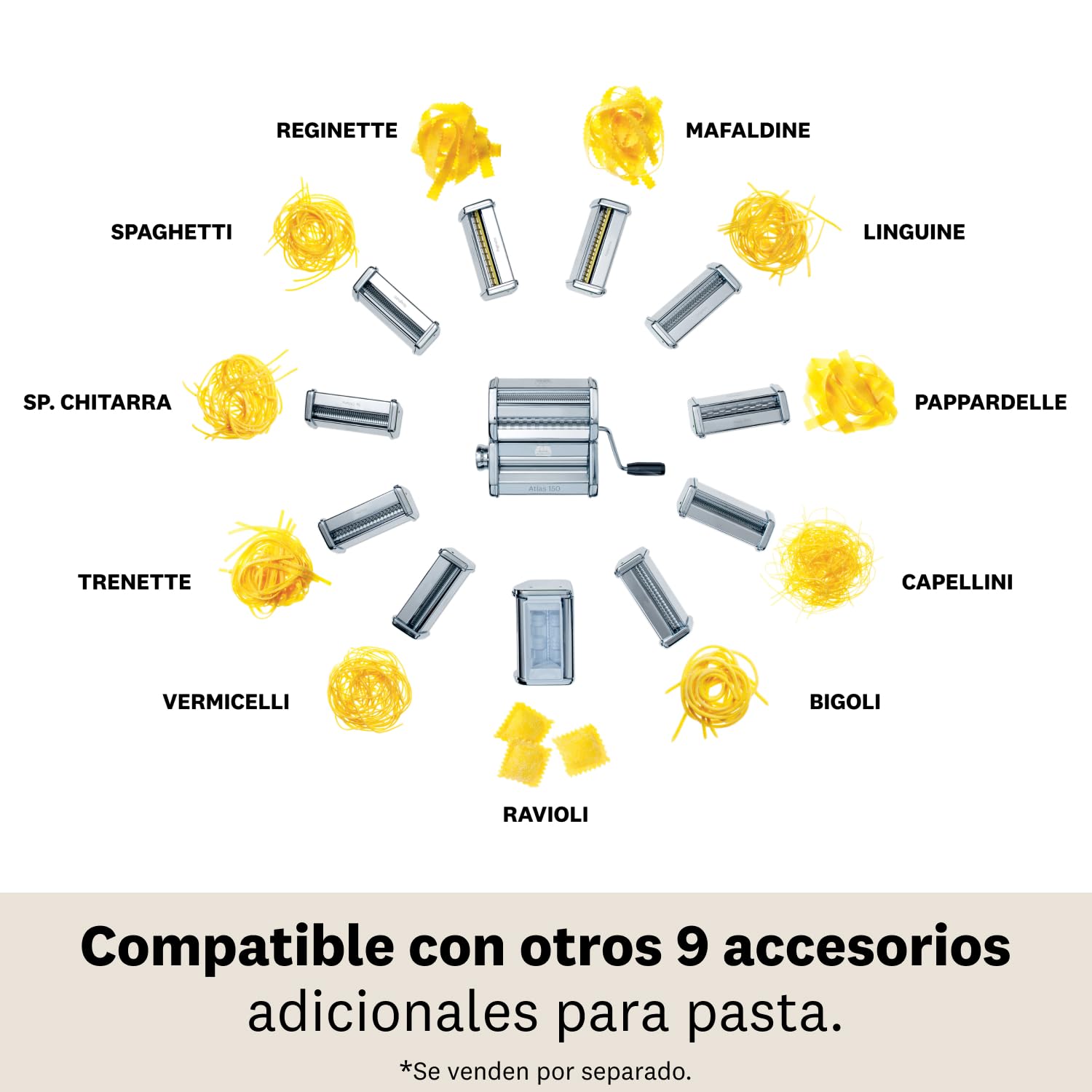 PastaSet, Máquina para pasta manual con accesorios incluidos para Raviolis y Espaguetis