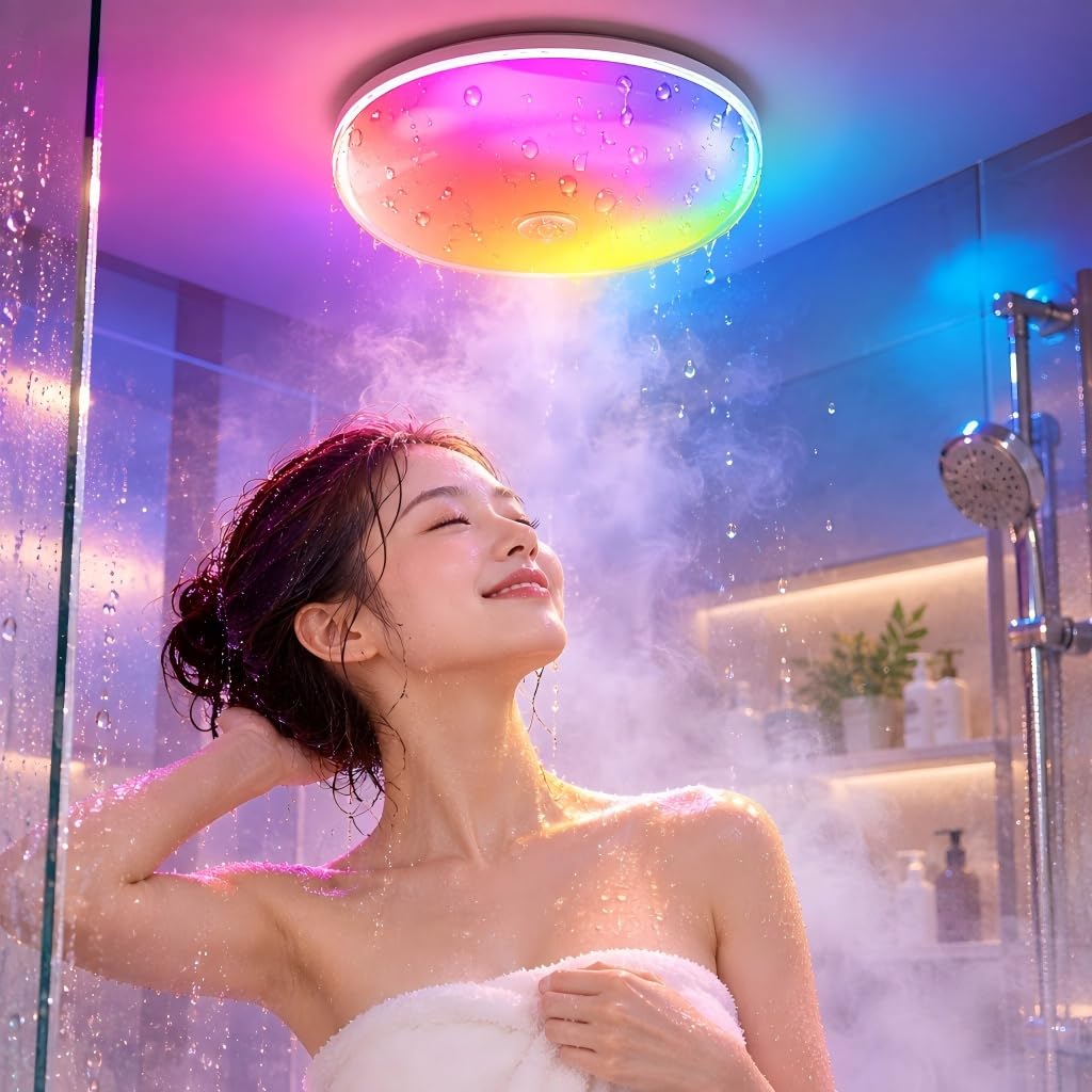 shirylzee IP65 Waterproof Rechargeable Shower Light - 6″ 200LM Bright, 16 Colors Bathroom Mood Lighting with Touch & Remote, Magnetic Wireless Ceiling/Wall Light for Inside Shower/Bathtub