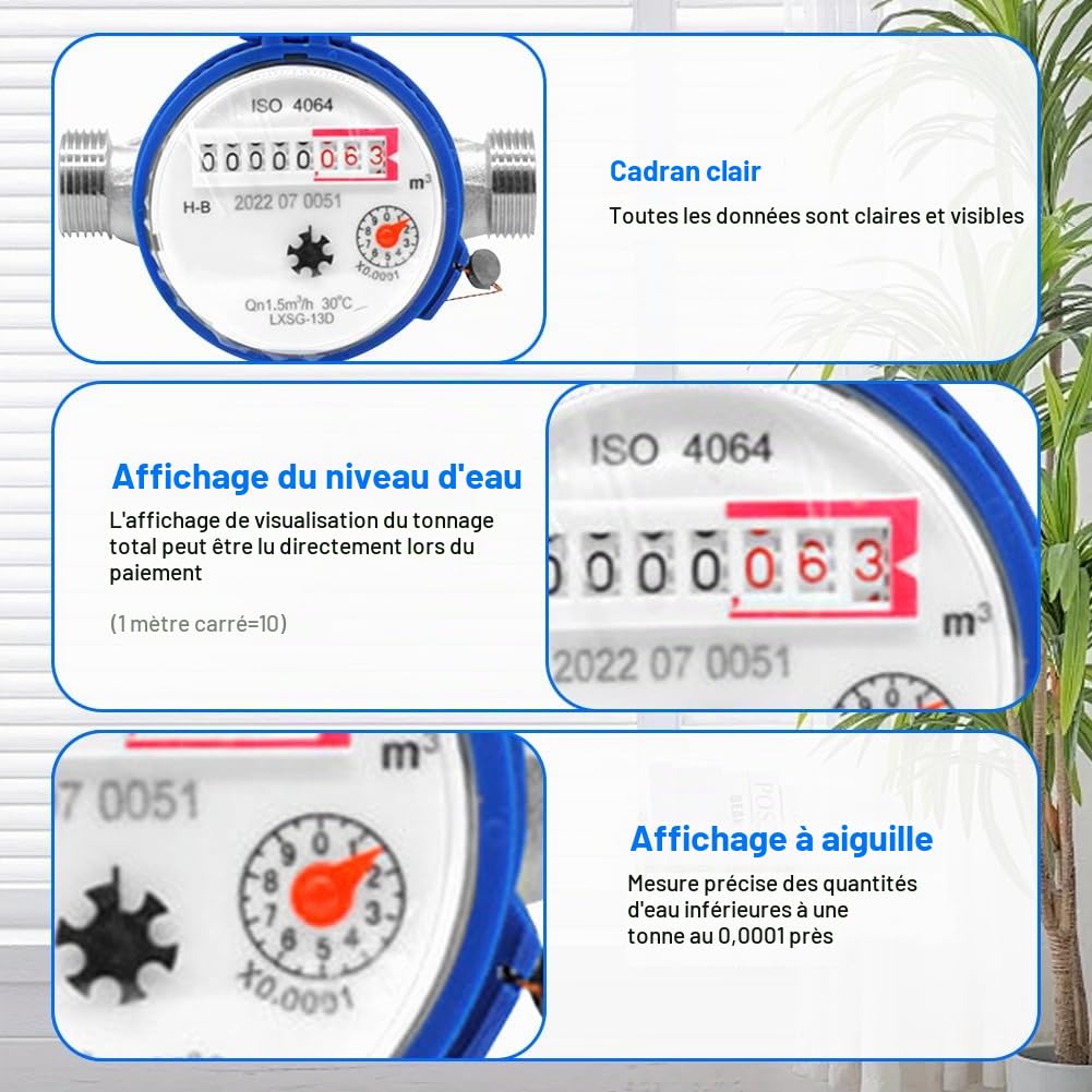 Compteur d'eau de jardin 1/2 pouce, compteur d'eau froide étalonné, compteur de robinet avec accessoires de montage et couvercle de protection, compteur d'eau froide domestique avec aiguille et