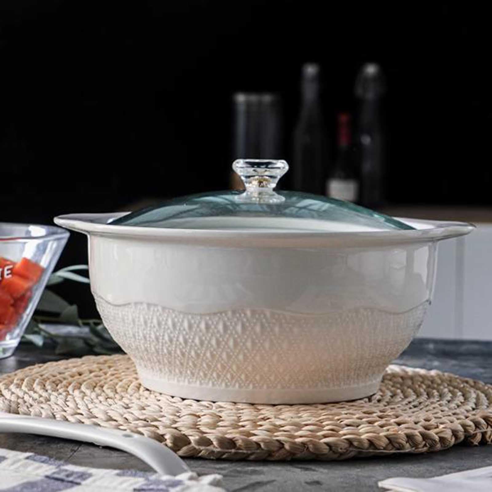 Suppenterrine Set mit Deckel und Schöpflöffel – 1800 ml Keramik-Servierschale mit Doppelgriffen für Unterhaltung und Heimdekoration