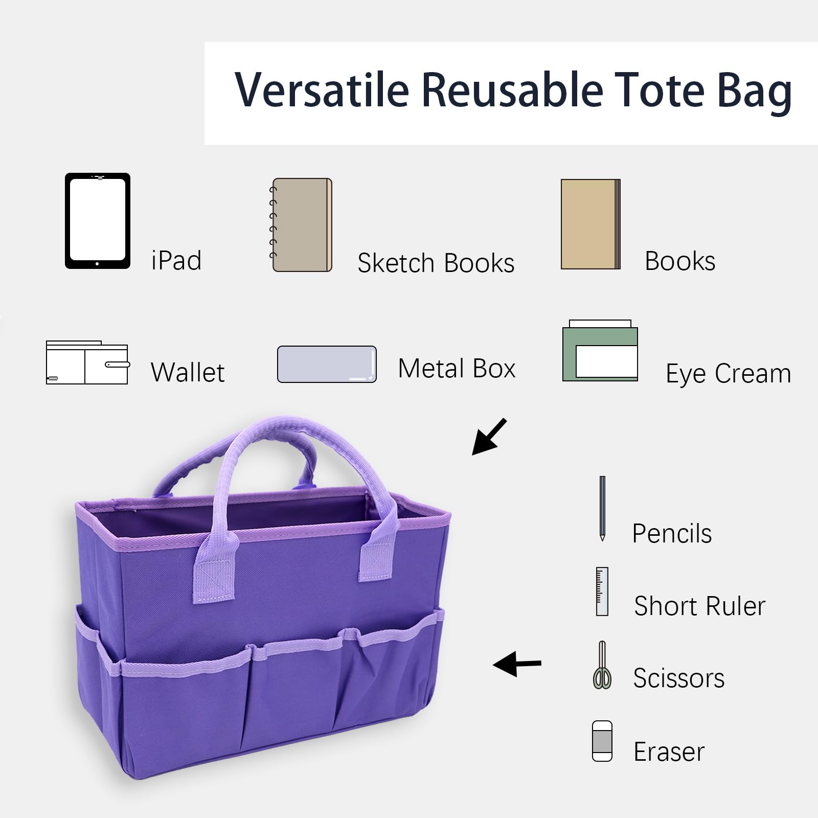 Bolsa de manualidades y arte para suministros con bolsillos, bolsa Oxford morada para artistas, niños, profesores, organizador de almacenamiento