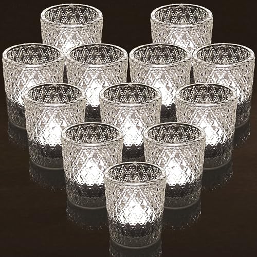 Teelichtgläser Glas, 12er Set Transparent Teelichthalter mit Muster-Prägung, Klassische Kerzengläser für Votivkerzen, Kerzenhalter Glas als Tischdekoration für Hochzeit, Geburtstag, Party & Wohndeko